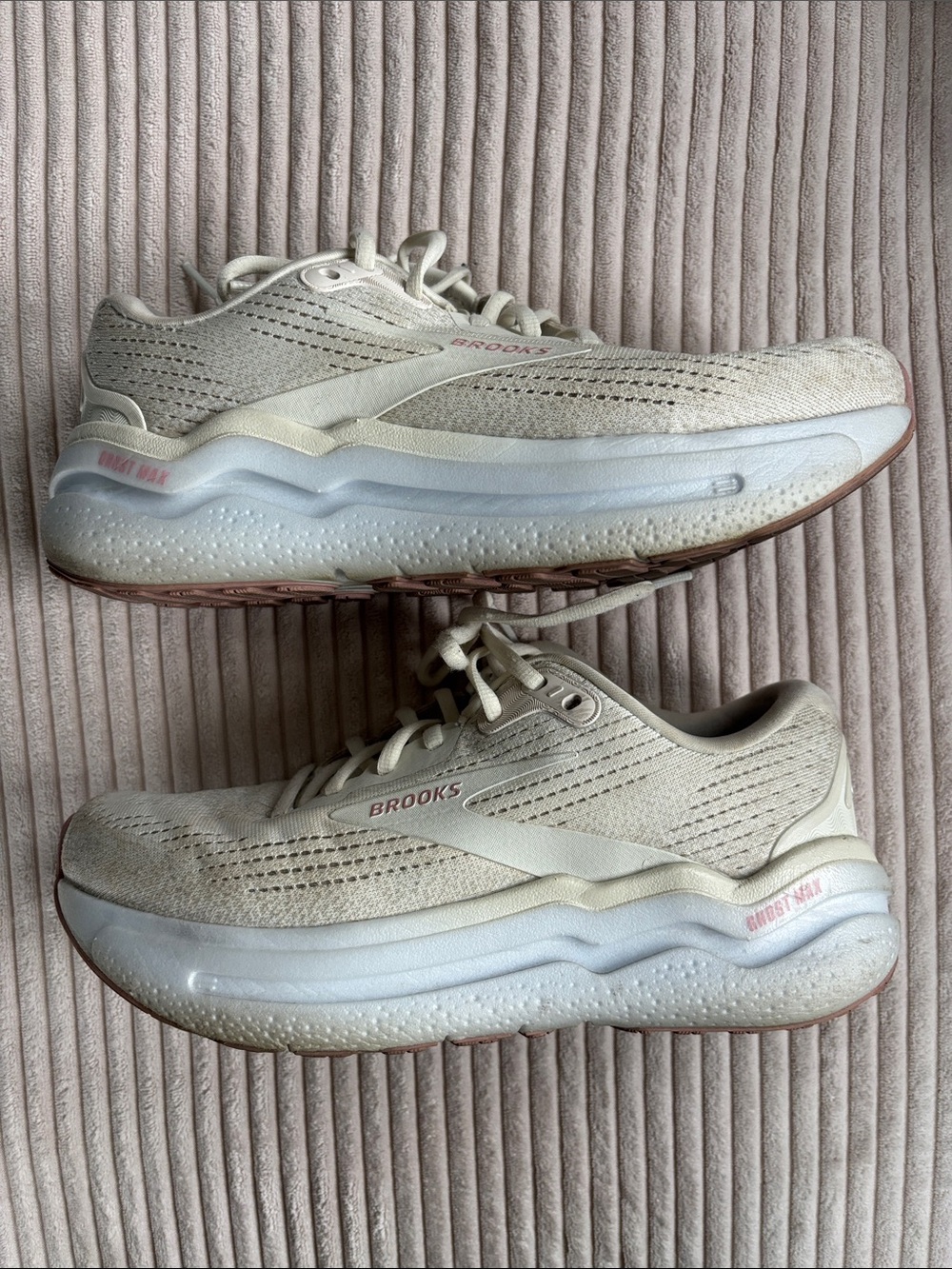 Brooks Women’s Ghost Max 2 Running Sneakers in Light Beige with Pink Accents